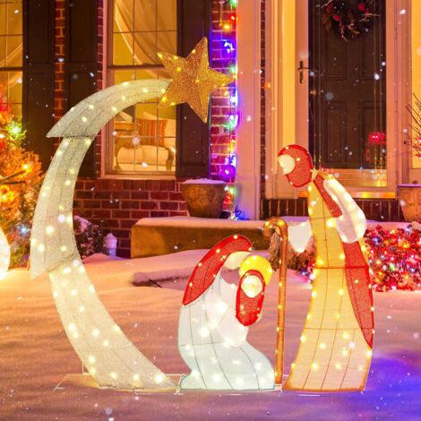 CHUANGLI Crèche De Noël Avec Lumières LED - Scène Nativité Intérieure Avec Figurines Et Mangeoire
