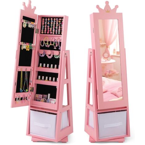 COSTWAY Armoire à Bijoux Enfant avec Miroir & Base Pivotante, Organisateur à Bijoux en Motif Couronne avec Bac en Tissu & Étagère, Dispositif Anti-basculement pour Enfant de 3 Ans+ (Rose) (1/5)