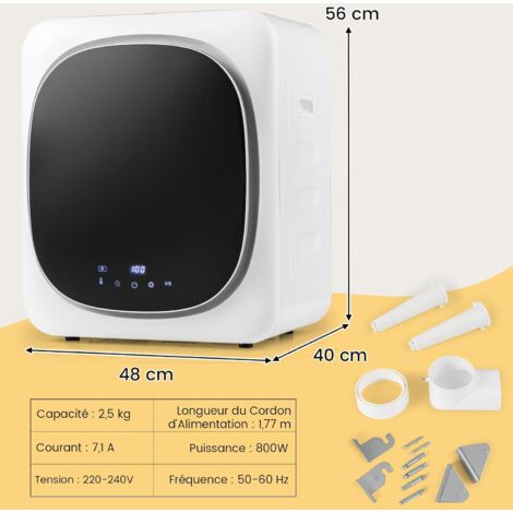 Sèche-linge Compact 2,5 Kg 800W - 5 Programmes, Montage Mural Ou Posé, Pour Petits Espaces
