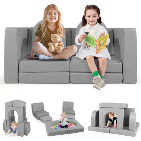 Costway – Canapé modulaire convertible 2 places pour enfants – Tissu daim lavable – Housses amovibles – Charge 40kg – Salle de jeux et chambre d’enfant (gris) (1/5)