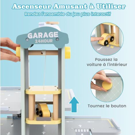 HOMCOM Garage Parking Voitures Enfant - 3 Niveaux, 6 Voitures, Ascenseur, Rampes En Spirale, 15 Places Stationnement - PP ABS Orange Gris Bleu