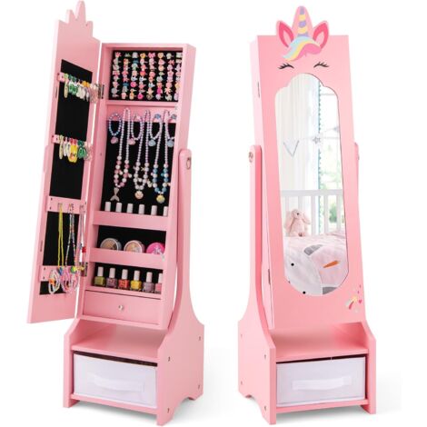 COSTWAY Armoire à Bijoux Enfant avec Miroir & Bac en Tissu, Organisateur à Bijoux en Motif Licorne avec 2 Angles d'Inclinaison, Dispositif Anti-basculement, Miroir sur Pied pour 3 Ans+ (Rose) (1/5)