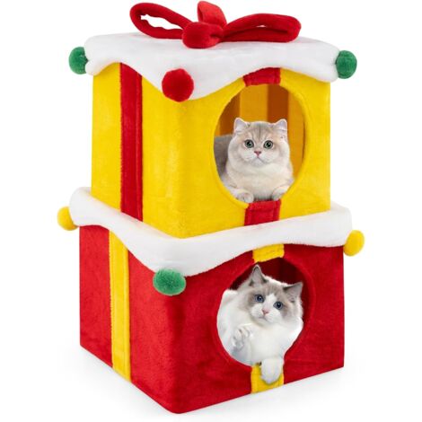COSTWAY Maison pour Chat de Noël à 2 Etages, Niche pour Chat Intérieur, 2 Condos Empilables en Forme de Boîte Cadeau, Tour pour Chat, Nœud Rouge, Boules de Noël, Tissu en Peluche Doux (1/5)