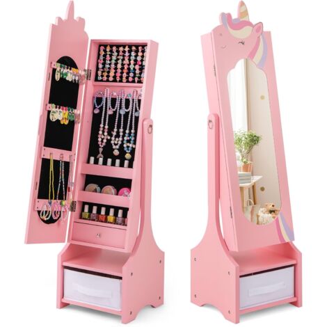 COSTWAY Armoire à Bijoux Enfant avec Miroir Argenté, Organisateur à Bijoux en Motif Licorne avec Bac en Tissu, 2 Angles d'Inclinaison, Dispositif Anti-basculement, Miroir sur Pied pour 3 Ans+ (Rose) (1/5)