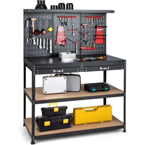 COSTWAY Établi Atelier Garage avec Étagères et Tiroirs Panneaux Perforés, Table de Travail Cadre en Métal avec 25 Porte-Outils pour Garage Atelier Entrepôt, 121 x 61 x 156 cm