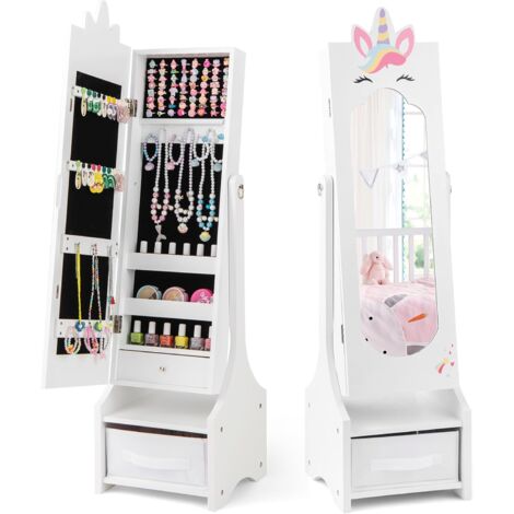 COSTWAY Armoire à Bijoux Enfant avec Miroir & Bac en Tissu, Organisateur à Bijoux en Motif Licorne avec 2 Angles d'Inclinaison, Dispositif Anti-basculement, Miroir sur Pied pour 3 Ans+ (Blanc) (1/5)