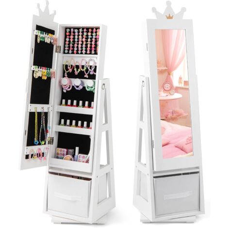 COSTWAY Armoire à Bijoux Enfant avec Miroir & Base Pivotante, Organisateur à Bijoux en Motif Couronne avec Bac en Tissu & Étagère, Dispositif Anti-basculement pour Enfant de 3 Ans+ (Blanc) (1/5)