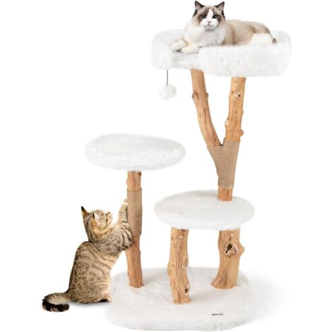 Costway – Arbre à chat XXL 110 cm – 3 plateformes en bois de poirier – 2 poteaux à griffer en jute – Tissu pelucheux long – 59 x 49 x 110 cm