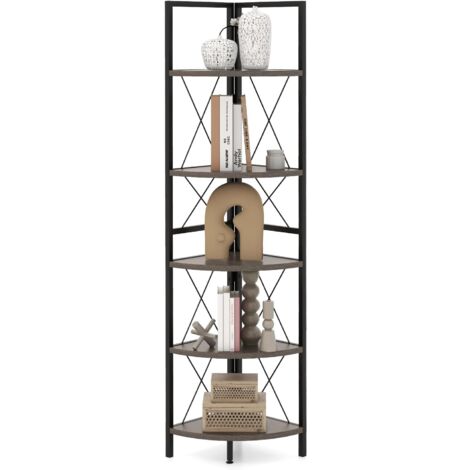 Costway – Étagère d'angle 5 niveaux – Cadre métal et panneau bois reconstitué – Charge max 100kg – Dimensions 35,5 x 35,5 x 160 cm – Design industriel