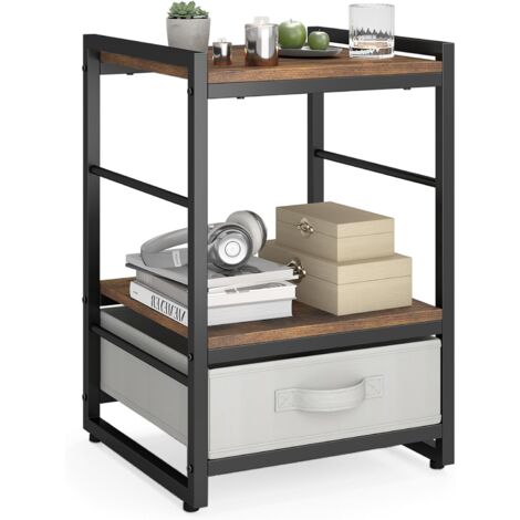 COSTWAY Table d'Appoint Carrée 40 cm, Bout de Canapé avec Tiroir en Tissu, Cadre en Métal, Etagère Ouverte, Table de Chevet Industriel pour Salon, Chambre, Marron Rustique