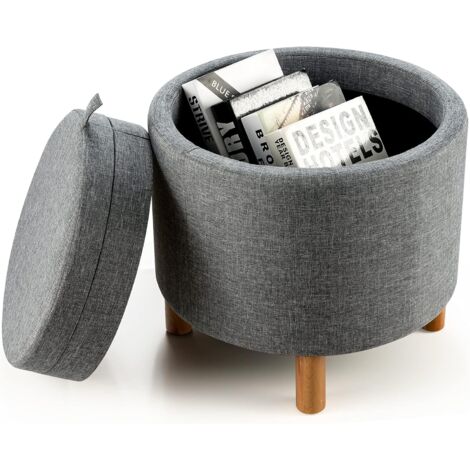 COSTWAY Pouf Rangement Rond, Pouf Coffre avec Plateau, Repose-Pied Salon, Tissu PE, Pieds en Bois, Patins Antidérapants, Tabouret Rangement Rembourré pour Salon, Chambre, 44 × 44 × 42 cm (Gris) (1/5)