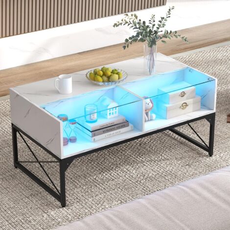 COSTWAY Table Basse Moderne, Table de Salon avec Luminère LED Télécommodée, 4 Compartiments Ouverts, Plateau en Verre Trempé, Design Marbre, Cadre en Métal (Blanc) (1/5)