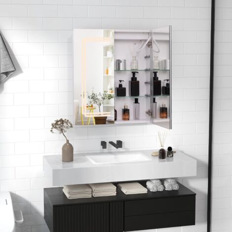 Armoire De Salle De Bain Avec Miroir LED - 70 Cm De Large - Prises USB/Type-C, étagères Ajustables - Blanc MDF