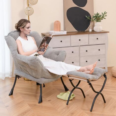 Costway – Fauteuil relax scandinave avec repose-pieds pliable – Tissu sherpa doux – Poche de rangement latérale – Capacité 136 kg – Design moderne gris