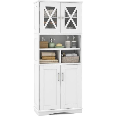 COSTWAY Armoire de Rangement de 145 cm de Haut, 2 Portes en Acrylique Transparent, 3 Compartiments Ouvertes, Colonne Salle de Bain Autoportante, pour Salon, Cuisine, Salle à Manger, Bureau (Blanc) (1/5)