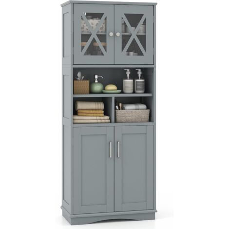 Costway – Armoire murale de salle de bain 145 cm – 2 portes en acrylique – 3 étagères réglables – MDF gris – Colonne autoportante pour salon et cuisine