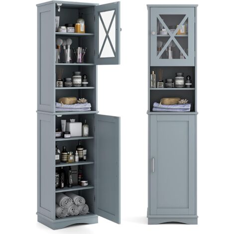 COSTWAY Armoire Salle De Bain 170cm Blanc - 5 Étagères Réglables + Portes | Rangement Gain De Place