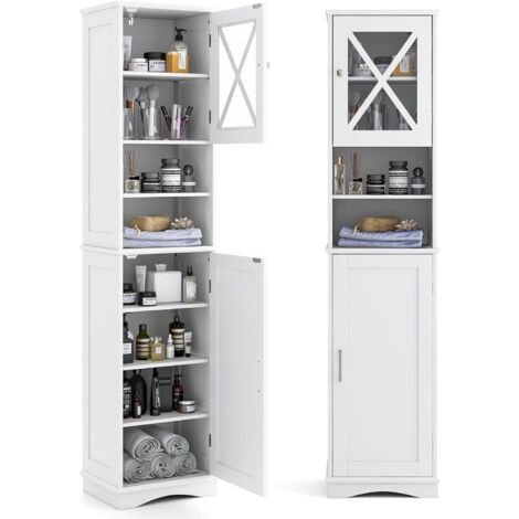 Costway – Colonne de salle de bain 170 cm – 5 étagères réglables – 2 compartiments – Panneaux acryliques résistants à l'eau – Design compact blanc (1/5)