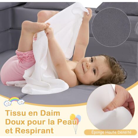 Canapé Modulaire Enfant En Mousse - 2 Places, Convertible, Housses Lavables, 100x52x42 Cm, Gris