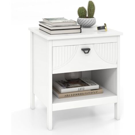 COSTWAY Table de Chevet avec Tiroir, Table de Nuit Bois avec Etagère Ouverte, Glissière en Métal, Chevet de Lit sur Pied pour Chambre, Moderne, Blanc, 45 x 40 x 50 cm (1/5)