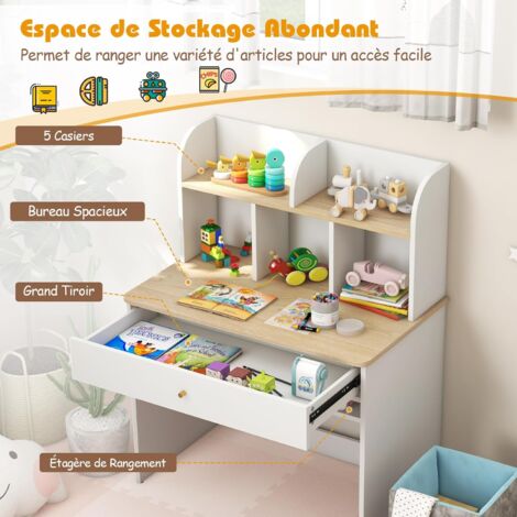 Bureau Enfant En Bois Avec 5 Compartiments & Tiroir & Étagère, Table D’Étude Avec Hauteur