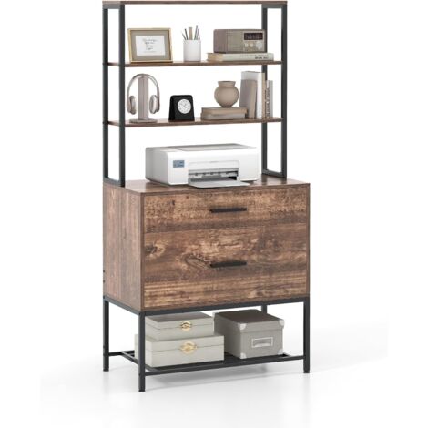 COSTWAY Cassion Bureau avec Bibliothèque 3 Niveaux, Supports Imprimantes, Meuble Rangement Bureau pour Lettre A4 Légale, Caisson de Rangement pour Salon (Marron rustique) (1/5)
