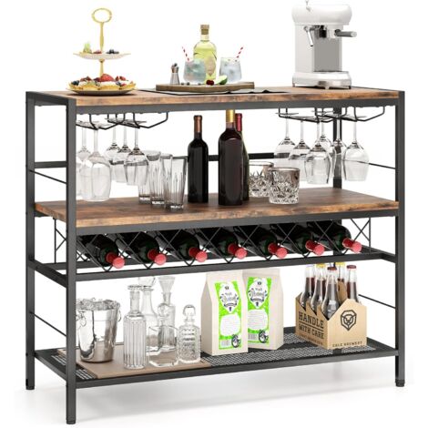 COSTWAY Casier à Vin Autoportant à 4 Niveaux, Table de Bar à Vin de 104 cm avec Rangement, 4 Rangées de Porte-Verres, pour 7 Bouteilles et 16 Verres, pour Cuisine, Salon, Marron Rustique (1/5)