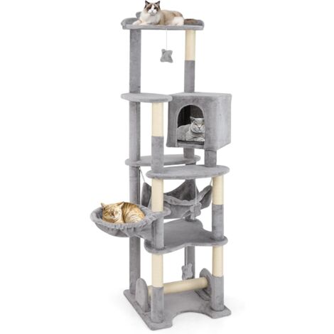 Costway – Arbre à chat XXL 176 cm – 7 poteaux en sisal – 6 plateformes – Condo, hamac, panier – Dispositif anti-basculement – Gris (1/5)