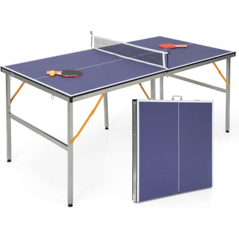 COSTWAY Table de Ping-Pong Pliable Peu Encombrante avec Filet, Tennis de Table avec 2 Raquettes 3 Balle Pieds Réglables, pour Extérieur et Intérieur 180 x 90 x 76 cm (Bleu)