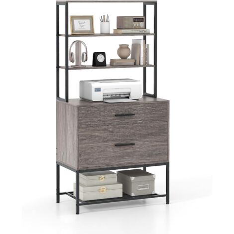 Costway – Caisson bureau avec bibliothèque 3 niveaux – Support imprimante – 2 tiroirs pour dossiers A4 et légaux – Dimensions 75 x 40 x 156 cm – Gris