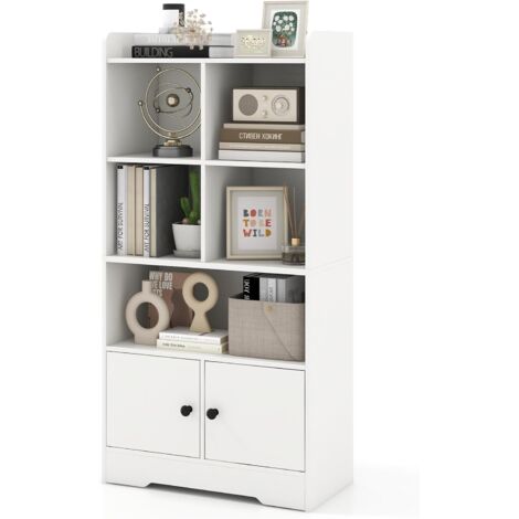 Costway – Bibliothèque blanche avec 5 compartiments ouverts et 2 portes – Dimensions 29,5 x 60 x 120 cm – Construction robuste et stable – Pour salon, chambre, bureau
