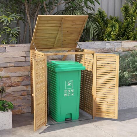 Costway – Cache-poubelle extérieur 120 L en bois de sapin – Couvercle relevable avec vérins à gaz – Doubles portes verrouillables – Ventilation intégrée