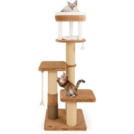 Costway – Arbre à chat XXL 164 cm – 4 plateformes rembourrées – 3 griffoirs en sisal – Coussins amovibles – Corde en sisal – Pompon interactif