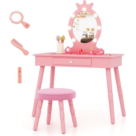 COSTWAY Coiffeuse Enfant Fille avec Miroir & Lumière LED à 3 Couleurs, Table de Maquillage et Chaise avec Tiroir et Forme de Couronne, Dispositif Anti-basculement, Charge 50/50kg pour 3-7 Ans