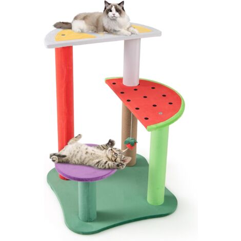 COSTWAY Arbre a Chat Design 69 cm, Petit Arbre a Chat, 4 Plateformes, Poteau à Griffer en Sisal, Arbre a Chat Bois, Thème des Fruits, Pompon Suspendu, Peluche Douce, 48 x 48 x 69 cm (1/5)