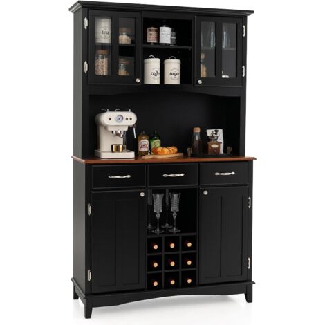 Costway – Buffet cuisine noir 185 cm – 4 armoires, 3 tiroirs, 3 étagères ouvertes – Support micro-ondes, 9 casiers à vin – Structure en MDF et verre trempé (1/5)