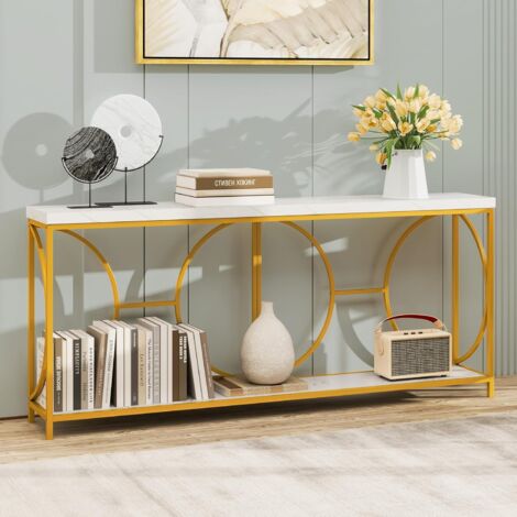 Costway – Console meuble XXL avec 2 étagères – Dimensions 180 x 30 x 80 cm – Cadre métallique et plateau MDF – Motif géométrique blanc et doré (1/5)