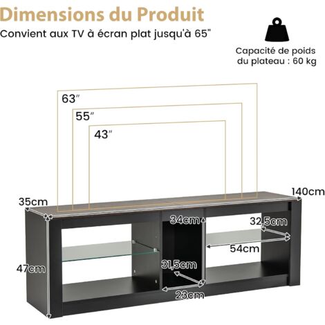 Meuble TV 65 Pouces Blanc Avec éclairage LED 20 Couleurs Et 2 étagères