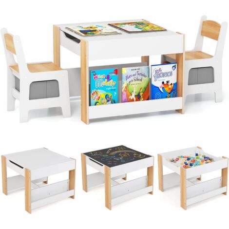 COSTWAY 4 en 1 Table Enfant avec 2 Chaises & Plateau Double Face & Tableau Noir, Table et Chaises en Bois avec 2 Bacs en Tissu & Étagères à Livres, Table de Dessin pour Dessiner, 3 Ans+ (Naturel)
