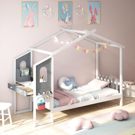Costway – Lit cabane enfant 90 x 200 cm – Bureau intégré avec rangement – Cadre en bois massif – 18 lattes pour support solide – Blanc et gris