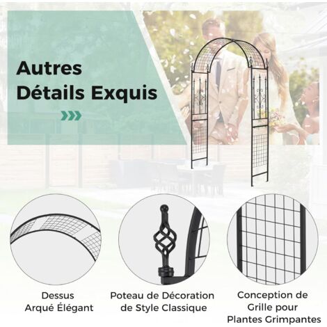 Arche De Jardin En Métal Noir 2,4 M - Treillis Pour Roses Et Plantes Grimpantes, Idéale Mariage, Patio, Cour, Décoration Extérieure Élégante