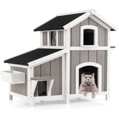 Costway – Maisonnette pour chat extérieur 2 étages – 3 compartiments – Toit en asphalte – Rideaux en PVC – Accès multiple – Dimensions 100 x 64 x 82,5 cm