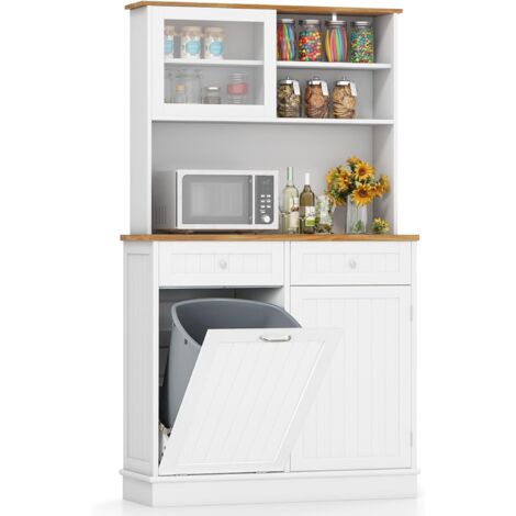 Costway – Buffet de cuisine 100 cm avec plan de travail en bois d'hévéa – 2 tiroirs – Armoire à poubelle 38 L – Rangement vaisselle et électroménagers (1/5)