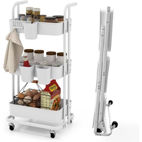 COSTWAY Chariot de Rangement à roulettes, Desserte à 3 Niveaux, 3 Gobelets, 6 Crochets, 4 Roues Métalliques Verrouillables, Chariot de Service Pliable pour Cuisine Salon Bureau, 45 × 37 × 92 cm (1/5)