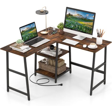 COSTWAY Bureau en Forme de L avec Station de Recharge et Ports USB A & C, Bureau d'angle de 120 x 120 cm, Etagères de Rangement, Poste de Travail Polyvalent, Cadre en Métal (Marron Rustique) (1/5)