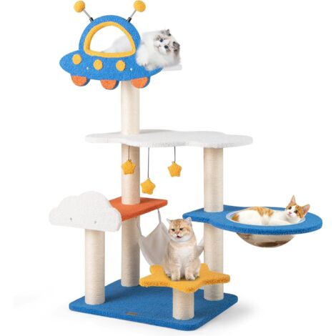 Costway – Arbre à chat XXL 124 cm – 4 plateformes – Griffoirs sisal – Panier transparent et hamac – 3 jouets suspendus – Design spatial multicolore