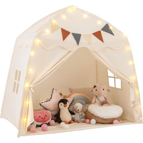 COSTWAY Tente de Jeux Enfant avec Guirlandes Lumineuses & Drapeaux, Cabane Enfant Interieure avec Fenêtres & Tissu Lavable, Style Princesse pour 3 Enfants de 3-12 Ans, 157x98x148cm (Beige)