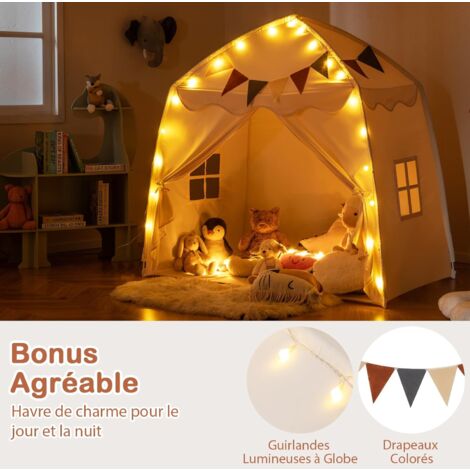 COSTWAY Tente de Jeux Enfant avec 4 Fenêtres et Guirlandes Lumineuses