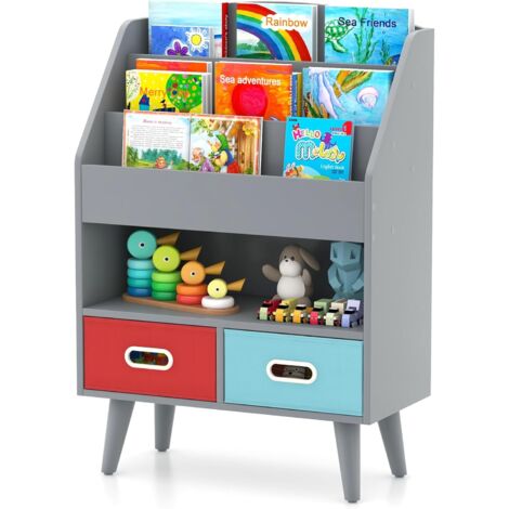 COSTWAY Bibliothèque Enfants en Bois avec Compartiment Ouvert & 2 Tiroirs Pliables en Tissu, Étagère Enfant à 3 Niveaux avec Kits Anti-basculement, Charge 100kg pour Enfants de 3 Ans+ (Gris) (1/5)