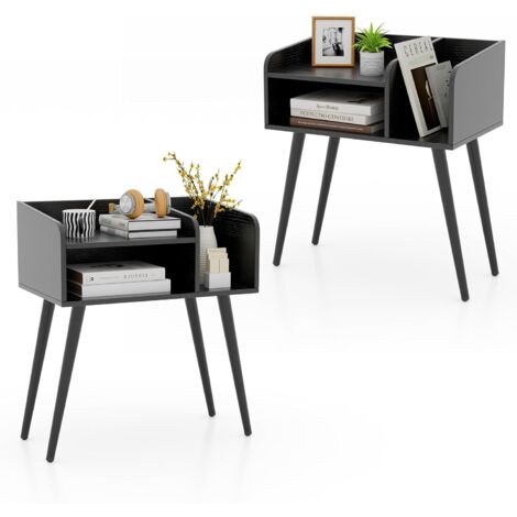 COSTWAY Table de Chevet, Table de Nuit 2 Niveaux avec Etagères Ouvertes, Pieds en Métal, Chevet de Lit pour Salon, Chambre (2,Noir) (1/5)